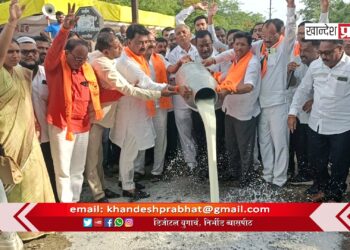 महाविकास आघाडीचे धरणे आंदोलन ; दुध रस्त्यावर ओतून राज्य सरकारचा निषेध