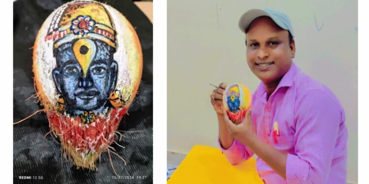 चक्क नारळावर घडविले विठुरायाचे दर्शन ; चित्रकार सुनिल दाभाडे यांची कलाकृती