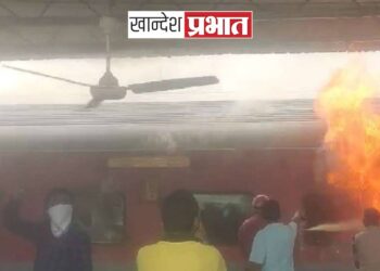 रेल्वे स्टेशनवर उभ्या असलेल्या ट्रेनला अचानक आग